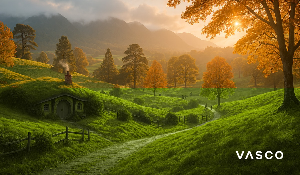 Collines verdoyantes et maisons de hobbit sous le soleil d’automne en Nouvelle-Zélande.