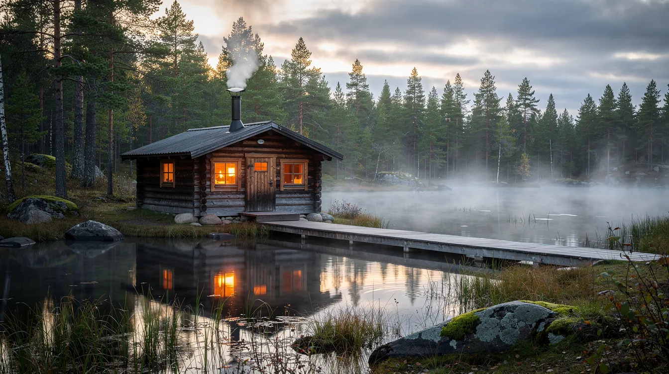The image features a traditional wooden sauna cabin nestled by a serene lake, surrounded by a lush Nordic forest. This outdoor sauna, an integral part of Finnish sauna culture, showcases natural wood construction and evokes a sense of tranquility, ideal for a hot steam experience amidst nature.