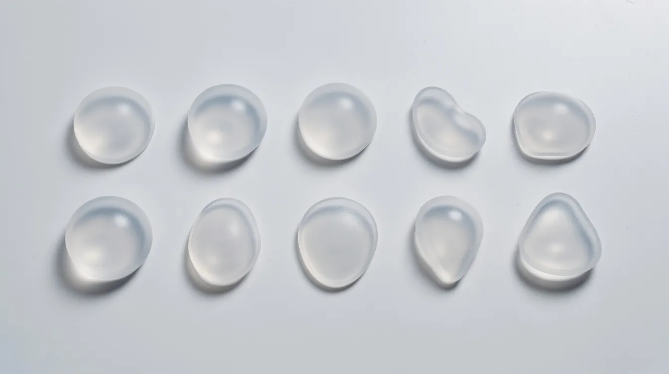 Imagen que muestra diferentes formas de implantes de silicona dispuestos sobre una superficie médica blanca, ilustrando las opciones disponibles para el aumento de senos. Estos implantes pueden ser utilizados en procedimientos de cirugía estética, permitiendo a las pacientes elegir el tipo y tamaño que mejor se adapte a sus deseos y necesidades.