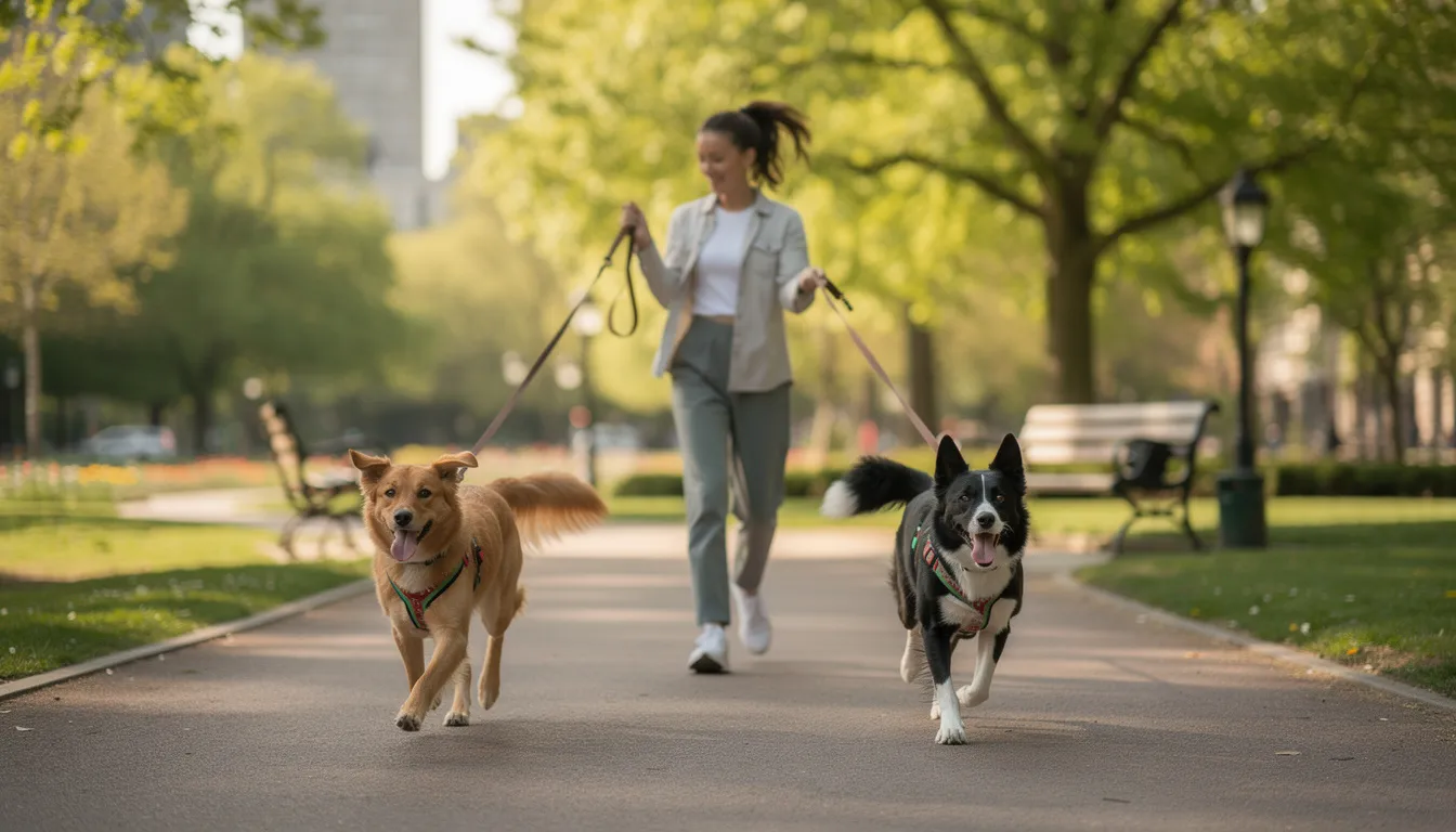 Na zdjęciu widać petsittera spacerującego z dwoma radosnymi psami w parku, które biegają na długich smyczach, ciesząc się swobodą poruszania. W tle można dostrzec zieloną trawę i drzewa, co tworzy przyjemną atmosferę dla zwierząt.