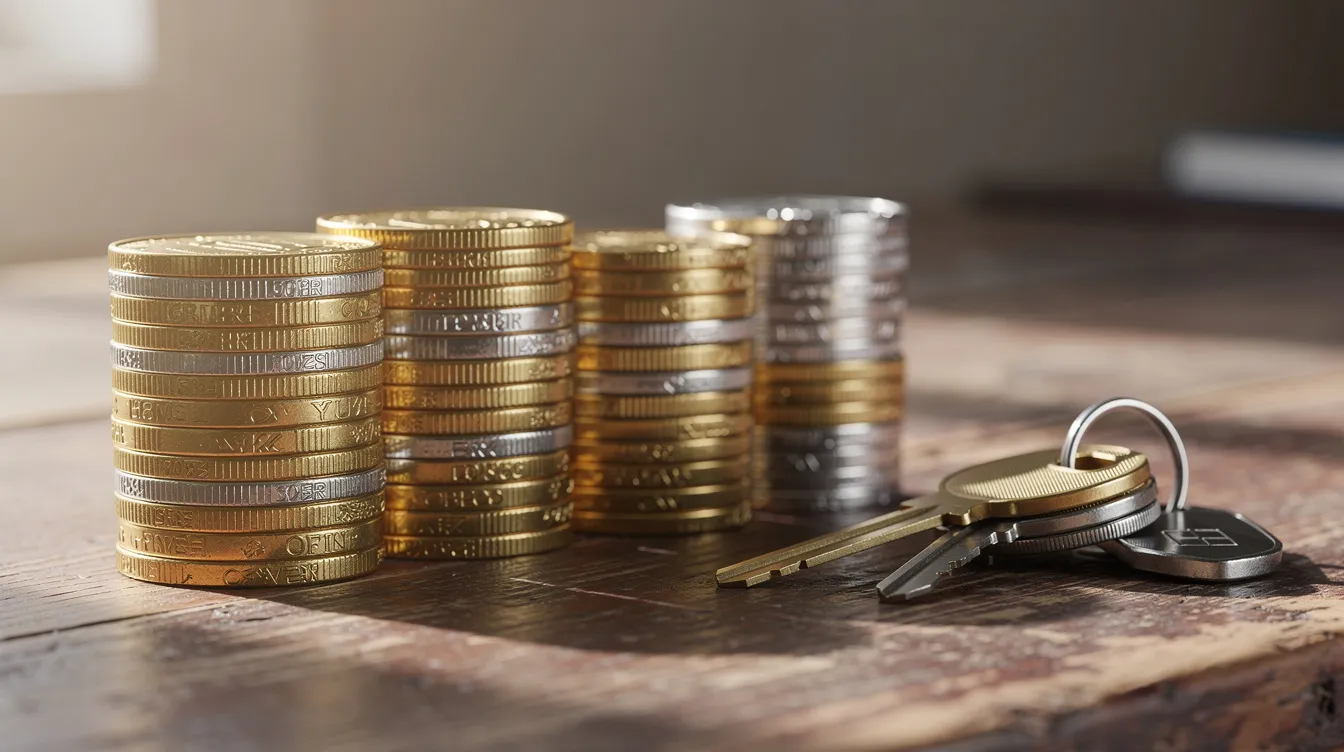 The image depicts stacked rows of shiny gold and silver coins arranged neatly on a wooden desk, alongside a set of house keys, suggesting a connection to investment properties and financial planning. This scene may symbolize the importance of cash flow and gap financing in managing unexpected expenses and securing loan approval for real estate projects.
