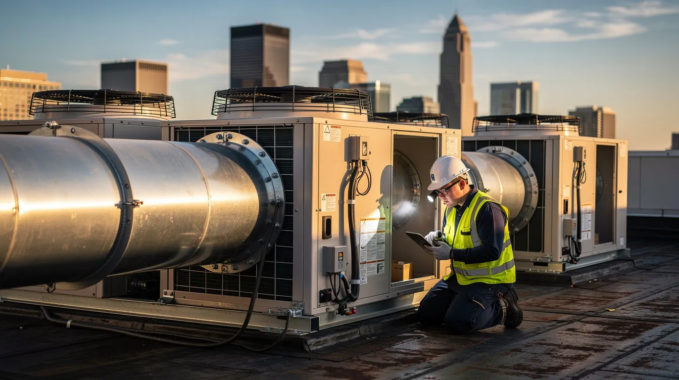 A maintenance worker inspects ductwork on a commercial rooftop, surrounded by HVAC units and with a city skyline in the background, highlighting the importance of property maintenance services for building efficiency. This close-up emphasizes the worker's expertise in ensuring reliable air conditioning and preventative maintenance for urban properties.