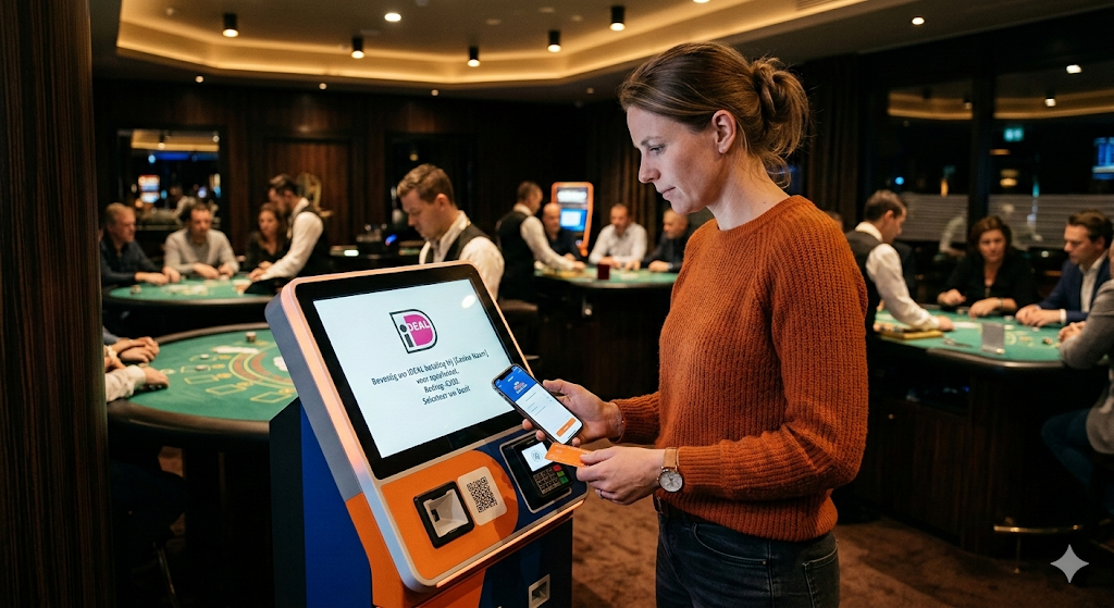 Speler gebruikt iDEAL als betaalmethode bij een casino, voorbeeld van een online casino met iDEAL storting waarbij het geld direct vanaf een Nederlandse bankrekening wordt afgeschreven via een veilige bankomgeving bij legale Nederlandse online casino's.