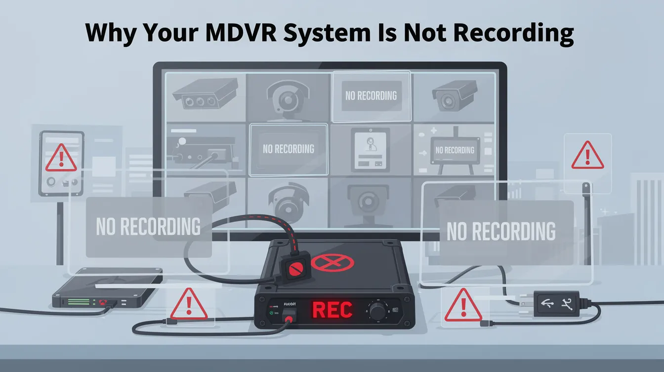 MDVR system is not recording: The image illustrates a troubleshooting guide for a mobile digital video recorder (MDVR) system that is not recording. It highlights common problems such as issues with the recording schedule, motion detection settings, or hard disk capacity, and suggests contacting technical support for assistance in resolving these issues.