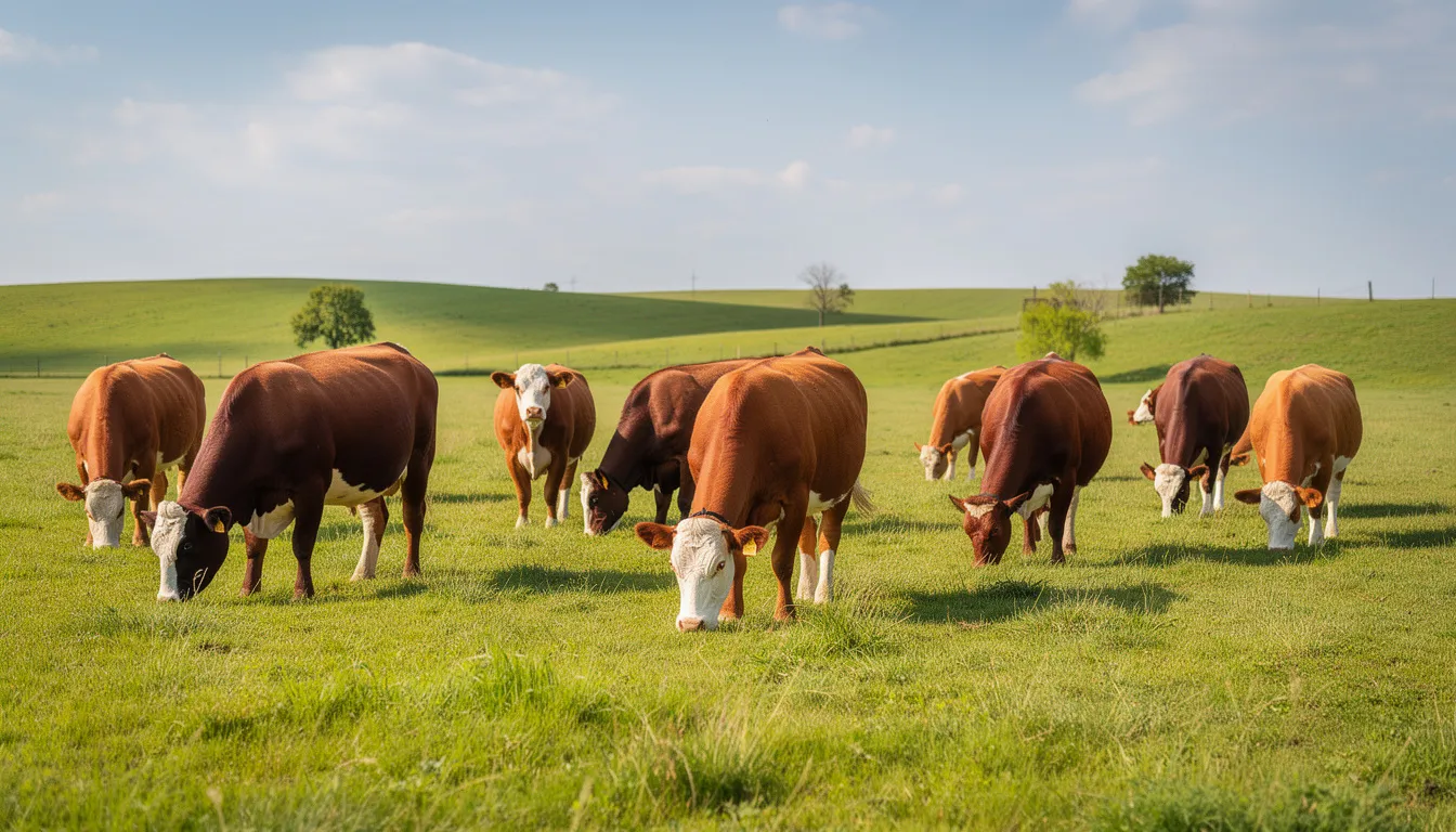 The image depicts grass-fed cattle peacefully grazing on open pasture land, surrounded by lush greenery. This serene scene highlights the natural and sustainable practices of raising beef, which can contribute to the quality of beef tallow, known for its nourishing properties in skincare.