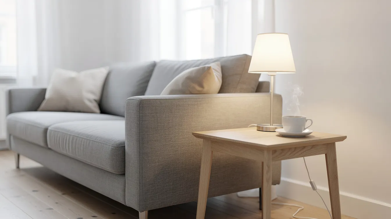 Ett ljust vardagsrum med ett sidobord i ljust trä står bredvid en grå soffa. På bordsskivan finns en liten lampa och en kopp kaffe, vilket ger en hemtrevlig och praktisk känsla i rummet.