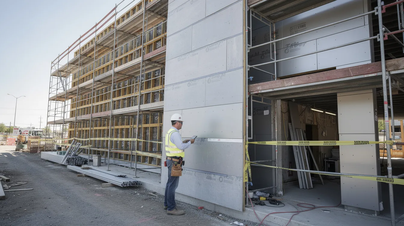 A construction superintendent is inspecting the exterior wall assembly of a commercial building on a jobsite, surrounded by scaffolding and partially completed cladding. This inspection is crucial for quality assurance and maintaining consistent quality throughout the construction process.