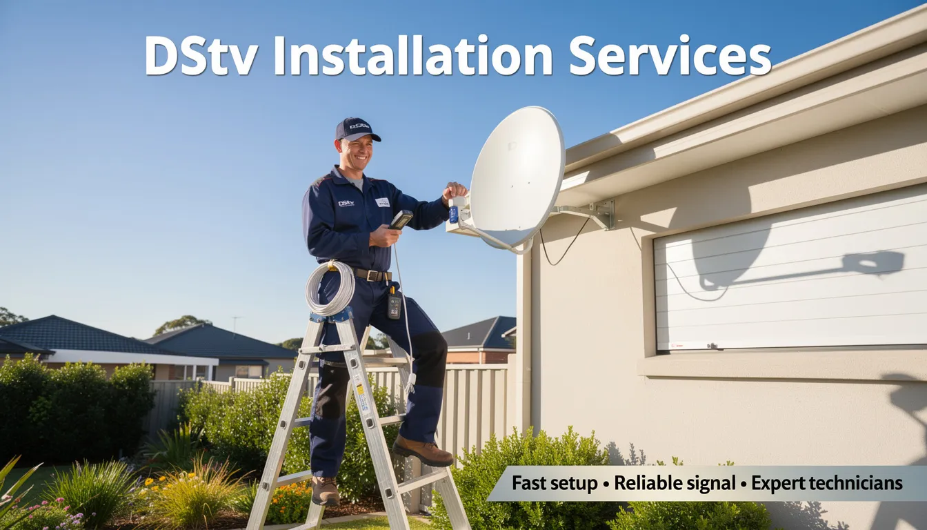 The image showcases a professional technician performing DStv dish installation, emphasizing the use of high-quality equipment and tools. This scene highlights the importance of expert advice and efficient service in ensuring a stable signal for an enhanced entertainment experience.