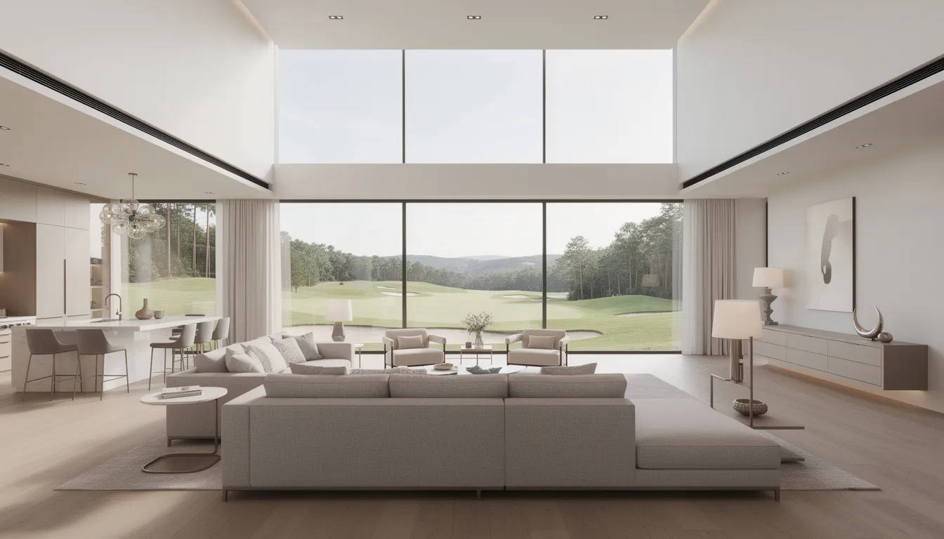 The image depicts a modern luxury home interior featuring an open floor plan, with large windows that provide stunning views of a golf course. This beautifully updated home in a gated golf course community, likely in Cape Coral, showcases sophisticated design elements and ample natural light.