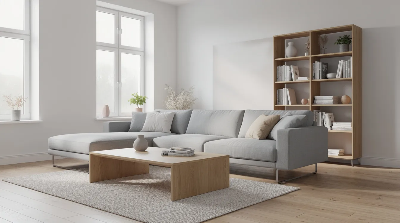 Ett ljust vardagsrum med en modern grå soffa, ett träsoffbord och en öppen bokhylla mot väggen. Rummet är inrett med stiliga möbler som skapar en hemtrevlig atmosfär.