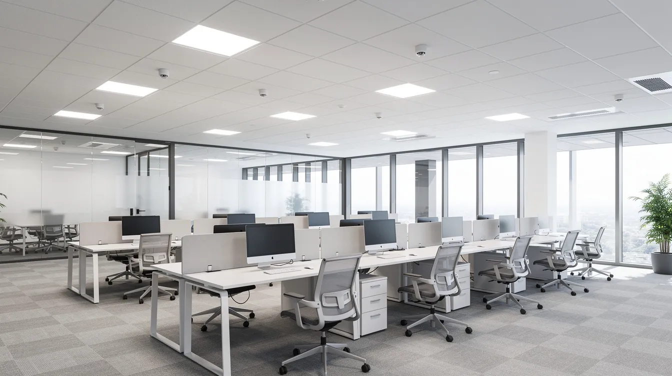 The image depicts a modern open-plan commercial office interior featuring recessed LED panel lighting and ceiling-mounted occupancy sensors, designed to enhance energy efficiency in compliance with California's Title 24 standards. This space emphasizes the importance of energy performance and indoor air quality in commercial buildings, aiming to reduce energy costs and greenhouse gas emissions.