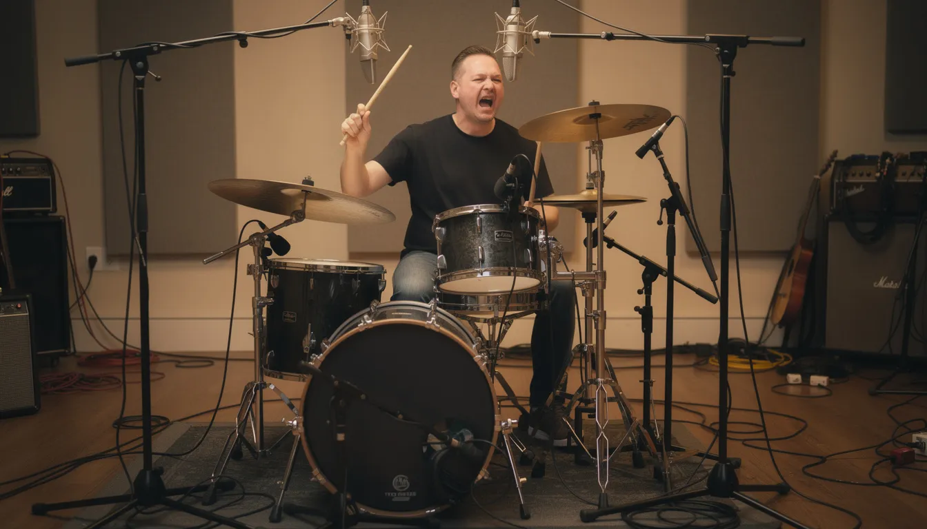 Ein Drummer spielt leidenschaftlich an einem Schlagzeug, das mit mehreren Mikrofonen, darunter Overhead-Mikros und einem Snare-Drum-Mikrofon, ausgestattet ist. Der Proberaum ist mit schallabsorbierenden Materialien gestaltet, um die Klangqualität während der Live-Performance zu verbessern.