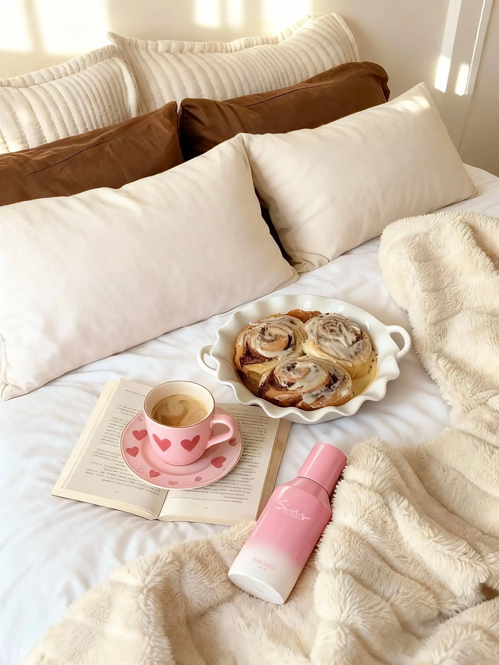 Gemütliche Bettszene mit Zimtschnecken, Kaffee in einer rosafarbenen Tasse und einem offenen Buch; daneben liegt eine rosa Sins ’N Lashes Hair-Serum-Flasche auf einer flauschigen Decke – perfekte Kombination aus Selfcare, Wellness und moderner Haarpflege