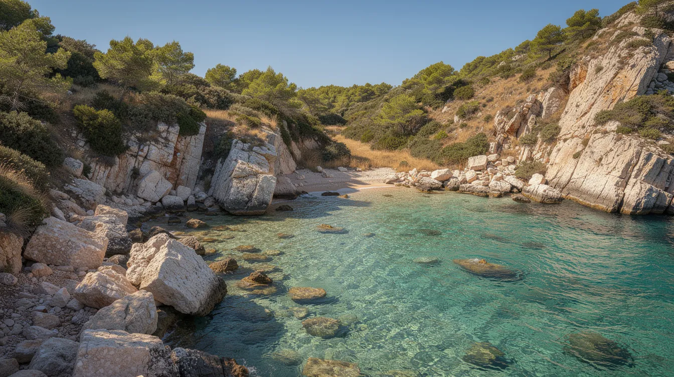 Die kleine türkisfarbene Felsenbucht an der Costa Blanca zeigt klares Wasser, umgeben von mediterraner Vegetation und beeindruckenden Klippen. Diese malerische Szenerie lädt Badegäste und Reisende ein, die Schönheit der Region Alicante zu genießen.