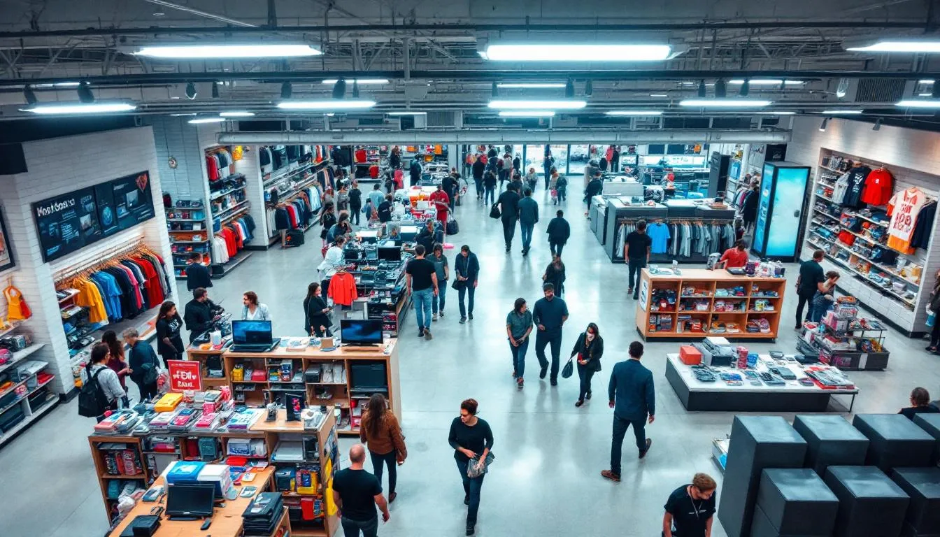 In this image, a retail store is depicted with a graph overlay illustrating footfall data, which represents the number of people entering the store over a business day. This visual emphasizes the importance of measuring foot traffic to understand customer behavior and improve sales conversion rates through strategic marketing and product placement.