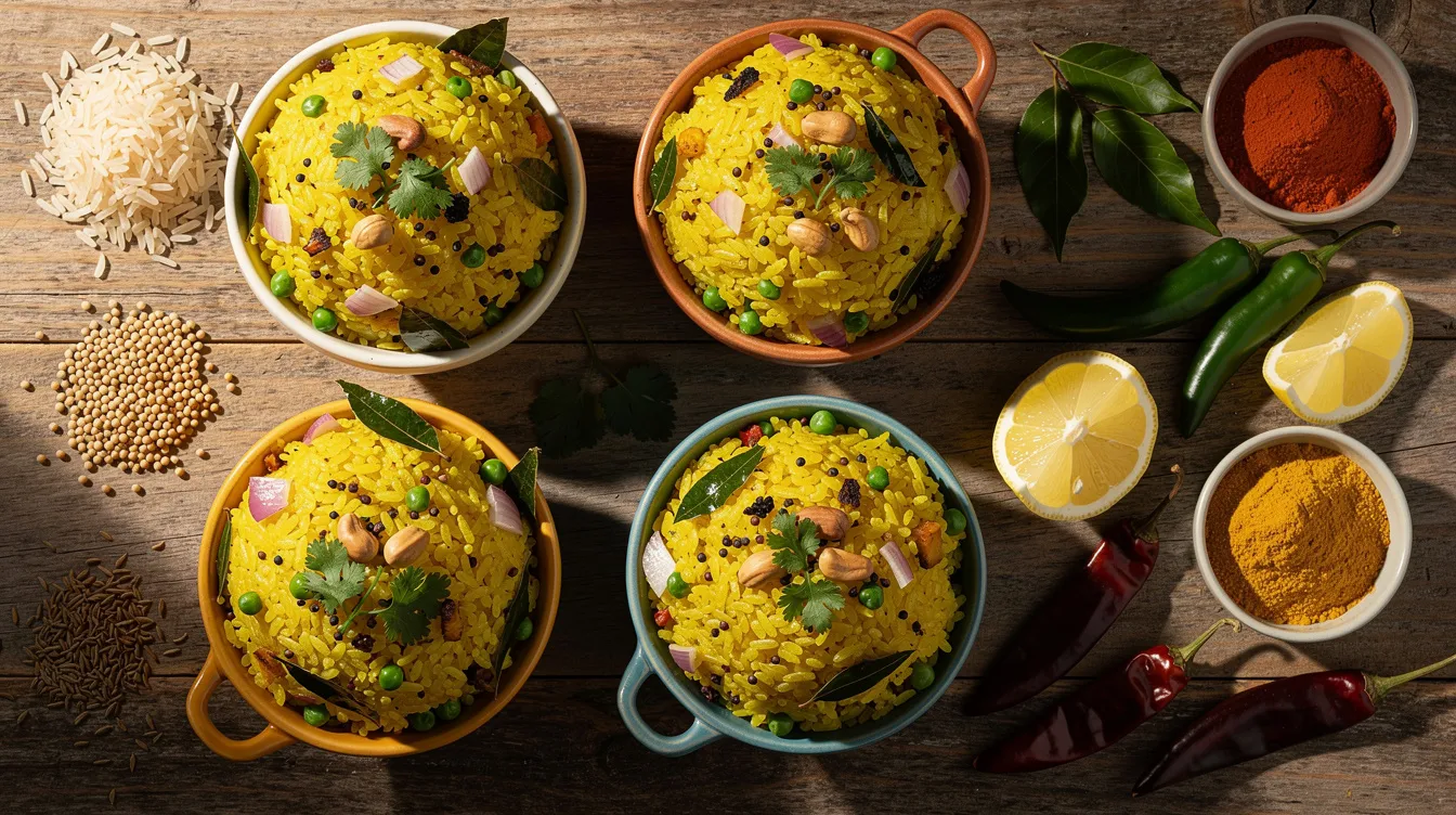 7d24a433 978c 4c13 94a8 f1062a65b1bb The image features vibrant bowls of instant poha, showcasing a colorful mix ready to eat, placed on a wooden surface alongside raw spices and flattened rice. This presentation highlights the appeal of poha, a popular dish in southern India, emphasizing its potential as a profitable business idea in the poha manufacturing sector.