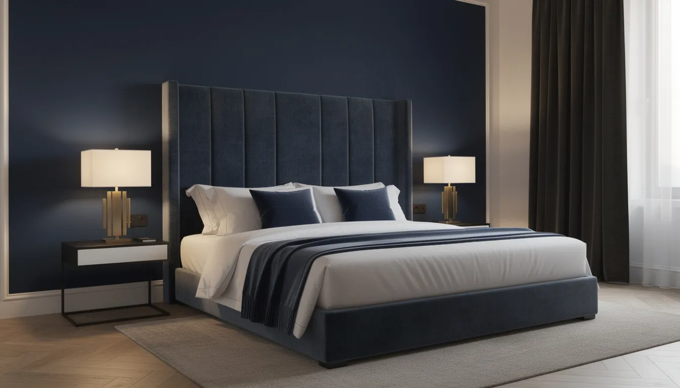 De afbeelding toont een luxe slaapkamer met een donkerblauwe wand die een elegante uitstraling heeft, aangevuld met een gestoffeerd hoofdbord in hotelstijl. Deze combinatie van diepe kleuren en stijlvolle elementen creëert een unieke sfeer die perfect past in een modern interieur.