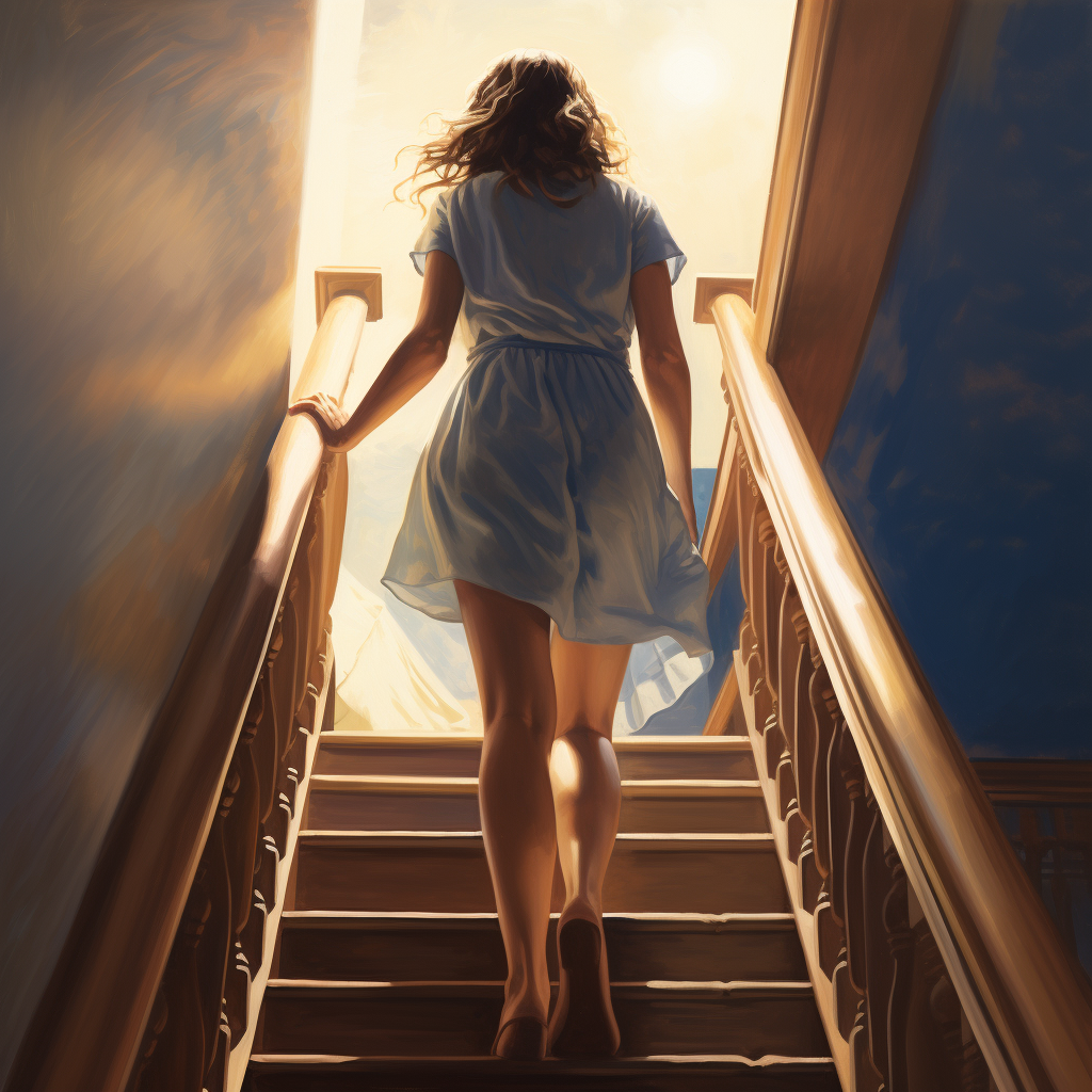 an image of a woman walking upstairs