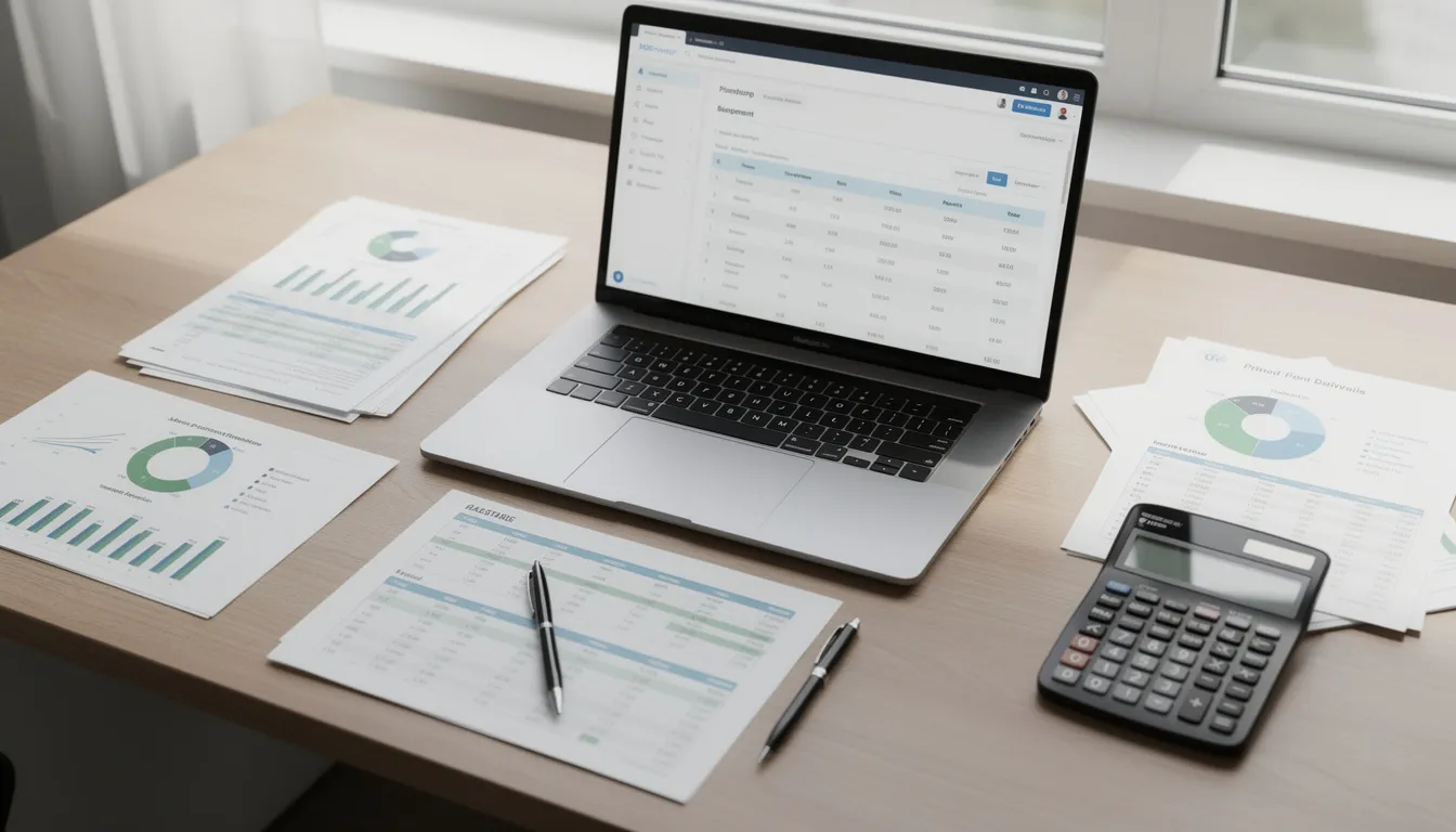 The image shows a laptop alongside various business documents and a calculator on a desk, suggesting a workspace focused on financial tasks. This setup could be useful for customers seeking to resolve complaints or manage their consumer credit activities in the United Kingdom.