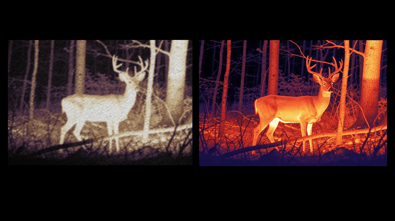 The image features a split-screen thermal view of a deer in a forest, with the left side displaying a grainy, unprocessed thermal image and the right side showing a clear, processed thermal image. This comparison highlights the importance of thermal imaging technology and image quality in detecting heat signatures and temperature variations in the environment.
