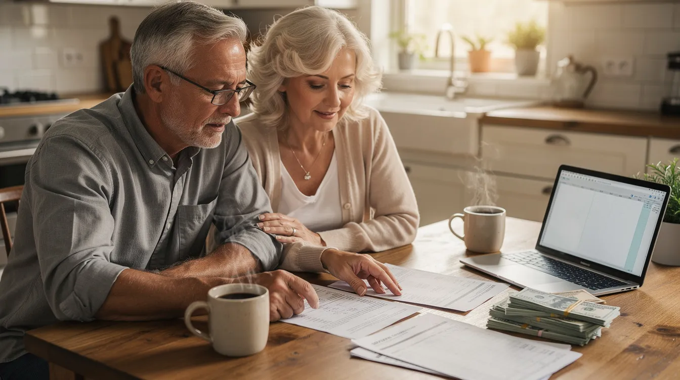 An older couple sits together at a kitchen table, reviewing financial documents related to their social security benefits and retirement plans. They appear focused as they discuss their eligibility for spousal benefits and how to maximize their monthly payments.