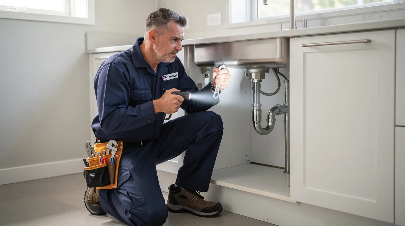 A professional plumber in work clothes is kneeling under a kitchen sink, using a wrench and a flashlight to inspect the plumbing system for any issues. This scene highlights the plumber's expertise in handling plumbing repairs and emergency plumbing services, ensuring that the home's plumbing system functions properly.