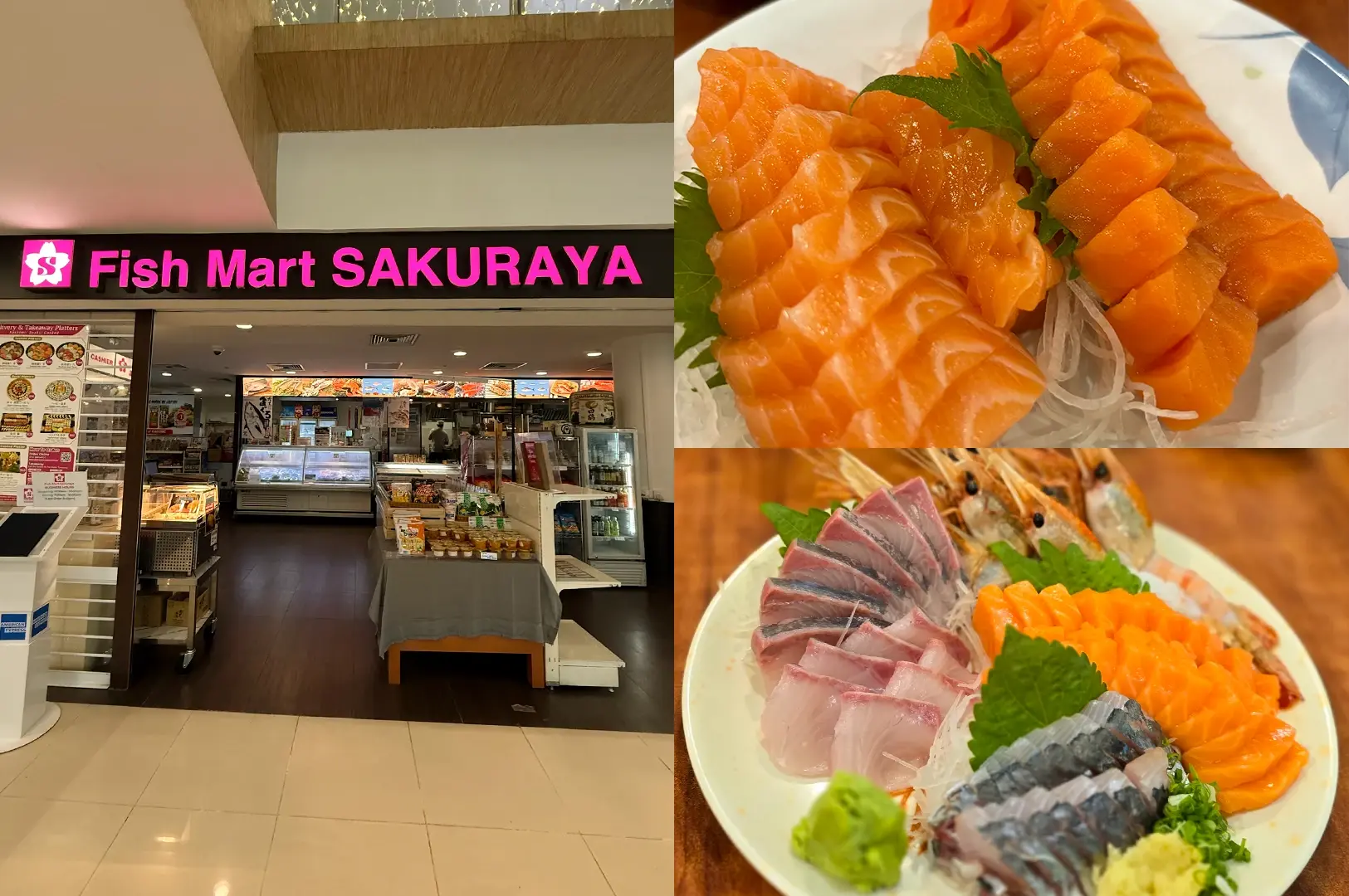 Left: Wide-angle, eye-level view of the Fish Mart Sakuraya storefront inside a shopping mall, featuring bright pink signage, refrigerated display cases, packaged products, seafood counters, promotional posters, and a clean retail layout under warm overhead lighting. Upper Right: Close-up, slightly angled view of assorted salmon sashimi on shredded white radish, displaying thick-cut slices, cubed salmon pieces, green garnish, and glossy surfaces that highlight the fish texture. Lower Right: Three-quarter close-up of a sashimi platter arranged with sliced salmon, silver-skinned fish, white fish, whole prawns, green garnish, wasabi, shredded radish, and finely chopped condiments on a large plate.