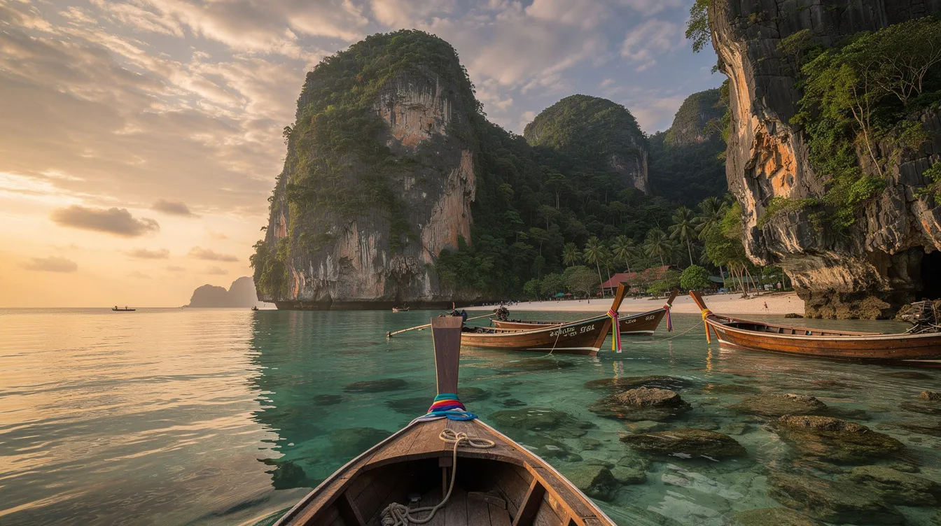 A imagem retrata a bela praia de Krabi, na Tailândia, com suas águas cristalinas e paisagens de colinas ao fundo. Este destino tropical é conhecido por suas propriedades medicinais e tranquilidade, atraindo turistas em busca de descanso e conexão com a natureza.