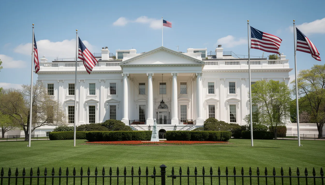 The image depicts the exterior of the White House, prominently featuring American flags waving in the breeze. This iconic building represents the federal government and is often associated with discussions on cannabis rescheduling and drug policy reform in the United States.