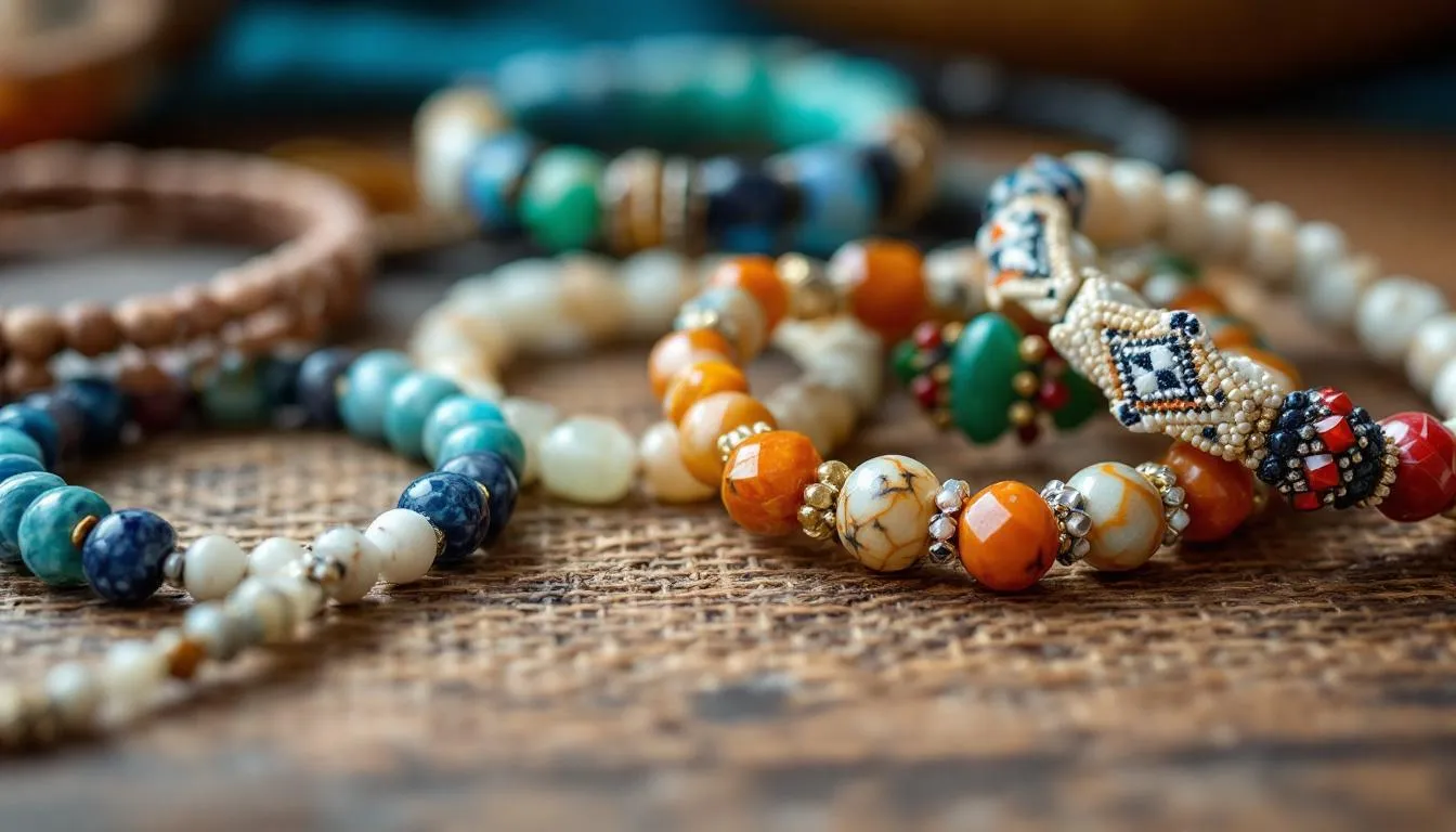 The image showcases a vibrant collection of beaded bracelets in various colors, including pink, purple, blue, and green, highlighting their unique styles and cultural significance. Each bracelet, crafted with materials like sterling silver and gold plated accents, is designed to complement any outfit and add a pop of personality to the wrist.