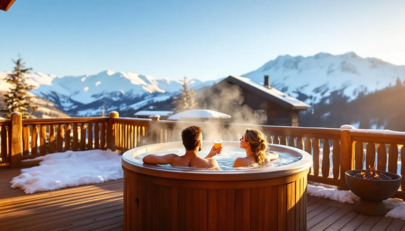 A hot tub is set against stunning mountain views, with guests relaxing after a day of skiing at Brian Head Resort. The scene captures the cozy atmosphere of winter vacation, where visitors unwind in comfort while enjoying the picturesque surroundings of southern Utah.