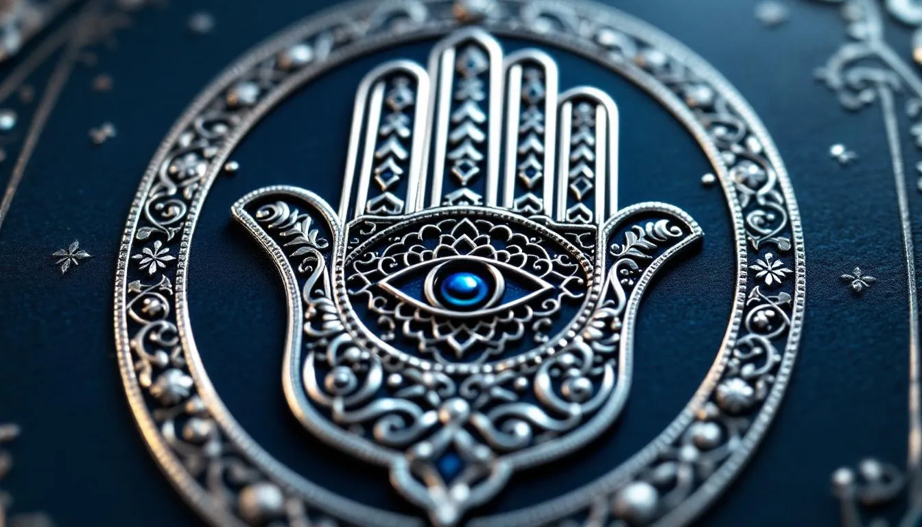 The image features a Hamsa hand, a widely recognized symbol used across many cultures, particularly in the Middle East and North Africa, designed to ward off negative energies and evil eye curses. The hand is adorned with an eye symbol, often depicted in dark blue and light blue, representing protection against malevolent glares and bringing good fortune to its wearer.