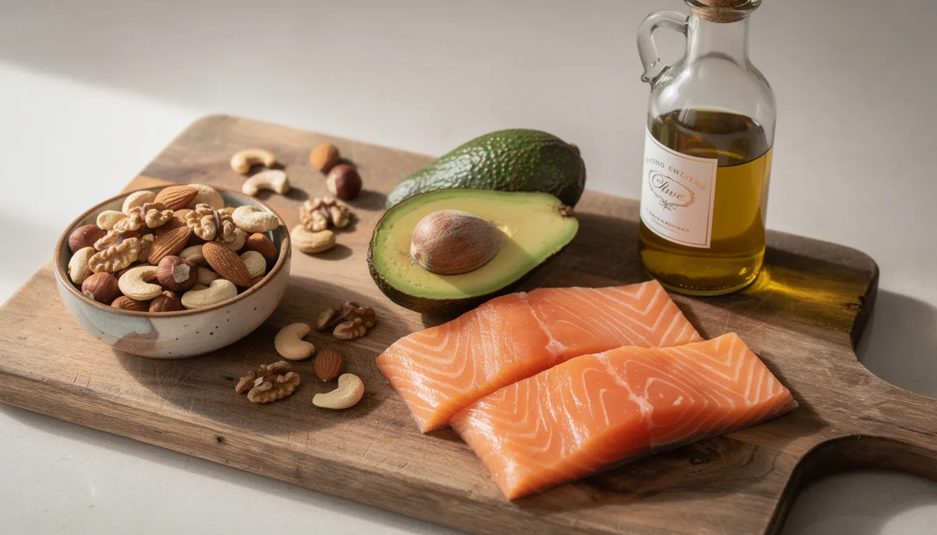 The image features an assortment of healthy foods, including a ripe avocado, a variety of mixed nuts, a bottle of olive oil, and fresh salmon fillets, all beautifully arranged on a kitchen board, emphasizing the importance of a healthy balanced diet rich in unsaturated fats and protein. These ingredients are ideal for promoting healthy eating patterns and supporting a healthy body weight.