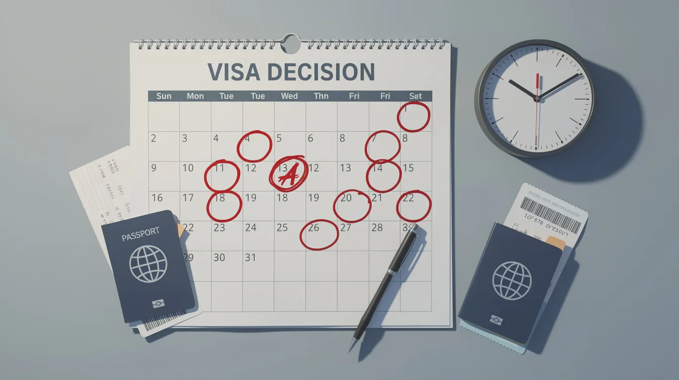 The image features a calendar with several dates circled, alongside a clock, symbolizing the anticipation of a visa decision. This visual representation highlights the importance of tracking your UK visa status and staying informed about your application documents and submitted status.