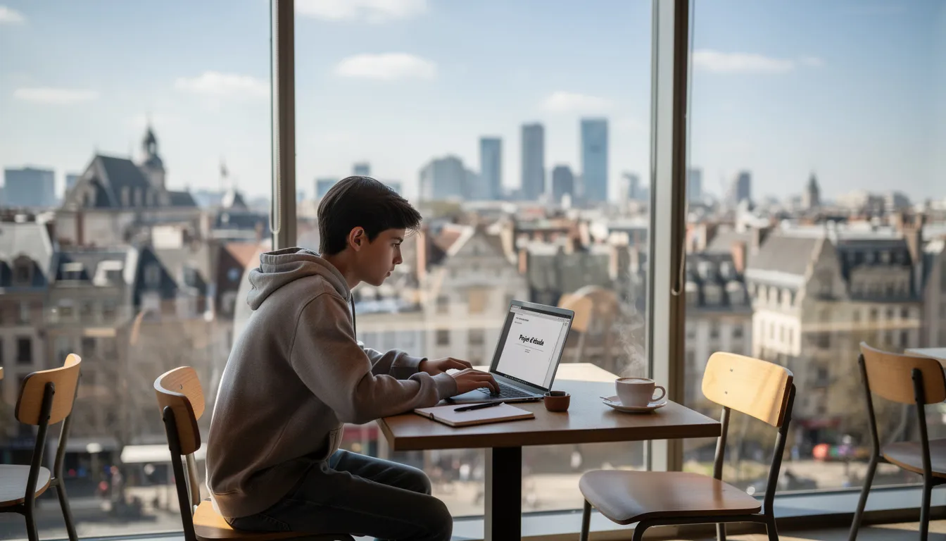 Un jeune étudiant est assis dans un café lumineux, travaillant sur son ordinateur portable tout en admirant la vue sur une ville étrangère. Ce moment illustre parfaitement l'expérience d'étudier à l'étranger après le bac, mêlant études et découverte de nouvelles cultures.