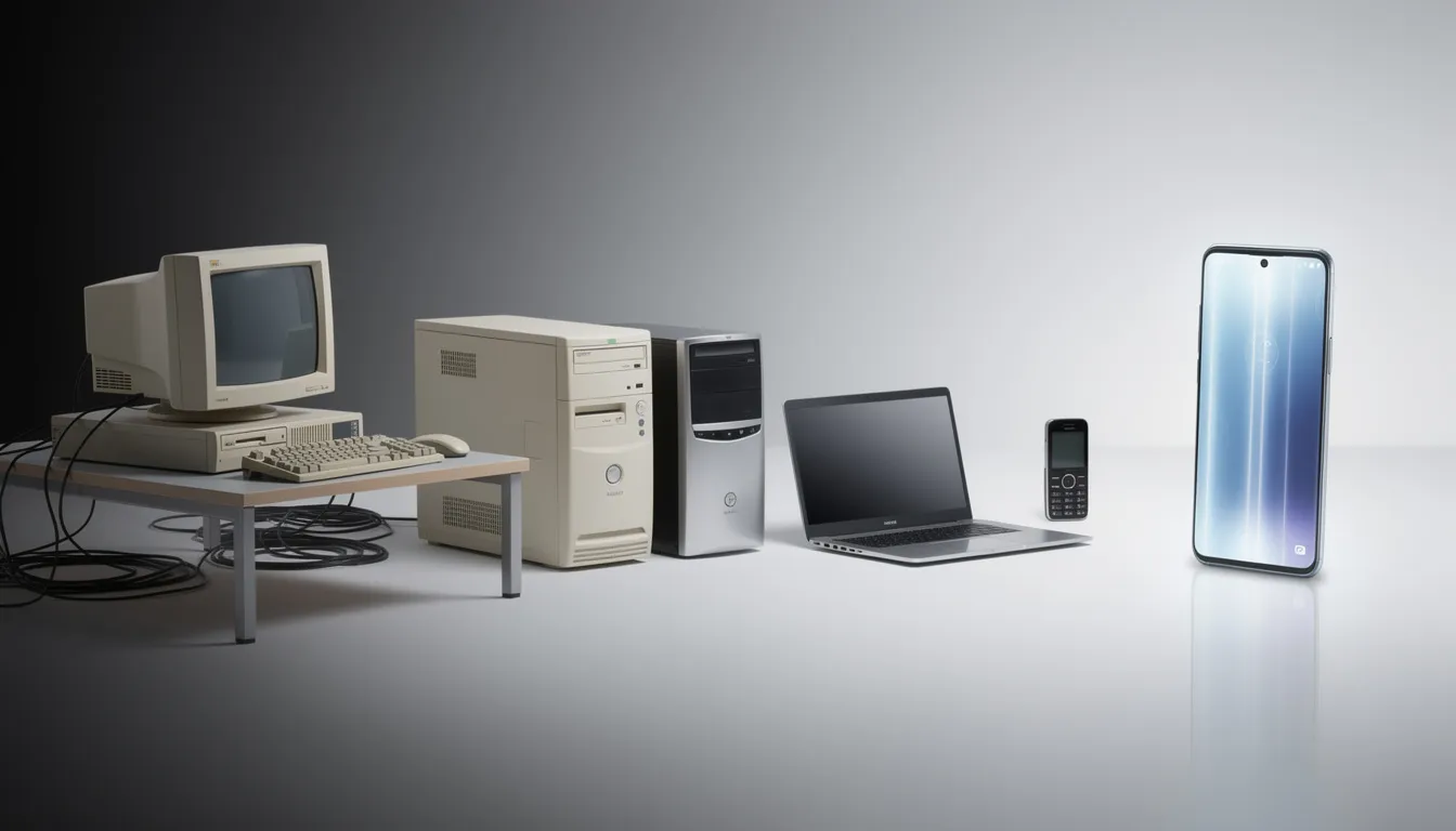 The image illustrates the evolution of technology, showcasing a bulky desktop computer on one side transitioning to a sleek modern smartphone on the other, highlighting the advancements in personal computing devices. This progression reflects the shift towards more accessible online experiences, such as real money online casinos and mobile gaming.
