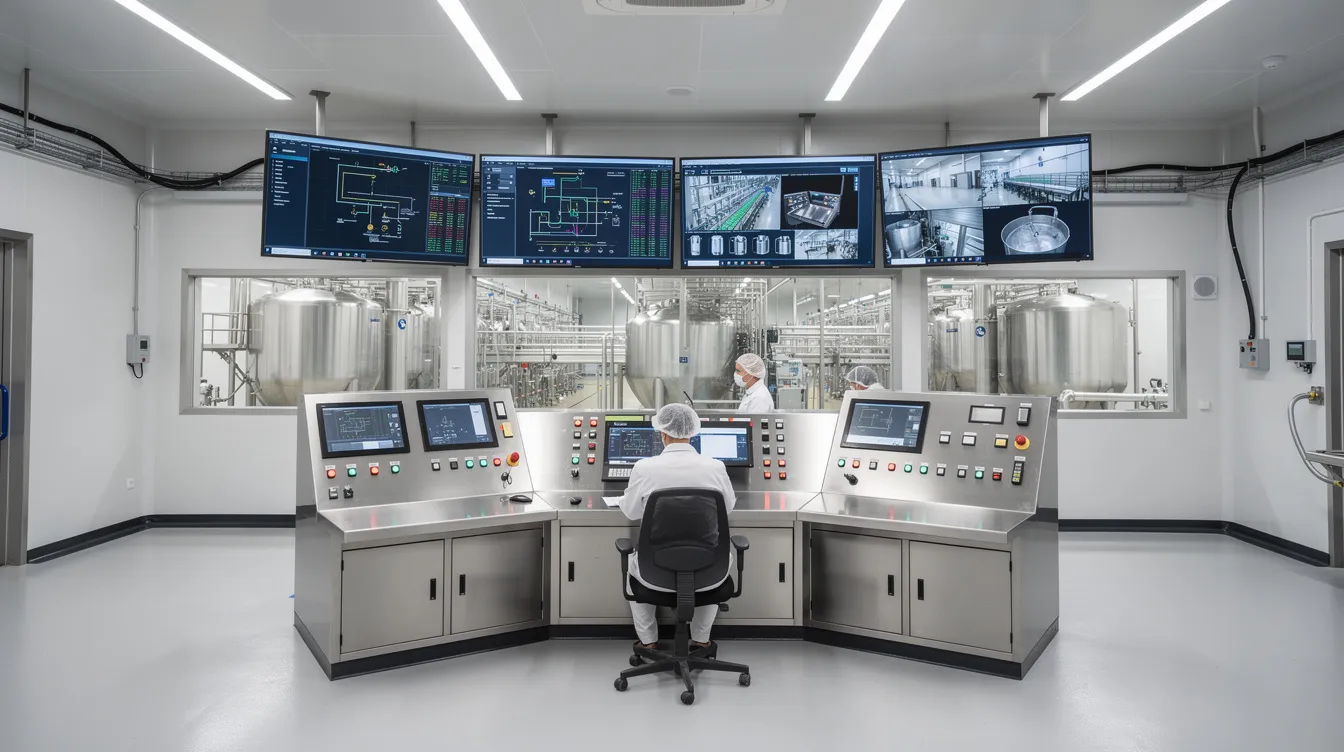 The image depicts a modern automated dairy processing control room, featuring multiple digital screens displaying real-time data and monitoring equipment essential for the dairy industry. This advanced setup is crucial for processes like anhydrous milk fat (AMF) production and ensures consistent quality in dairy products.