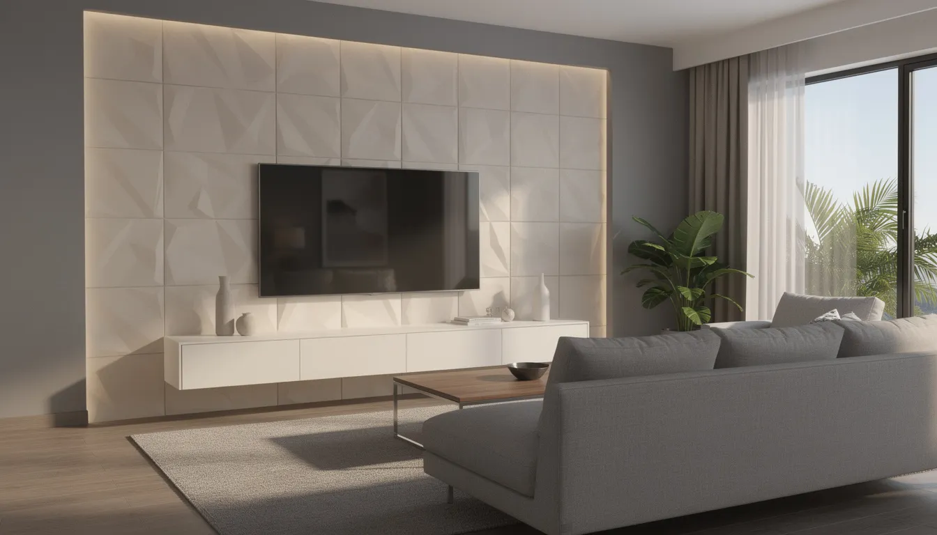 Een moderne woonkamer met een stijlvolle 3D wandpaneel van geëxpandeerd polystyreen achter een grote flatscreen televisie, die een visueel aantrekkelijke en unieke uitstraling aan de ruimte geeft. De wandpanelen bieden niet alleen esthetiek, maar ook functionaliteit zoals geluidsisolatie en warmte-isolatie.
