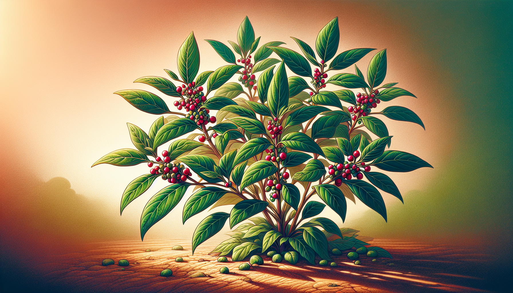 Illustration of a vibrant ashwagandha plant with green leaves and small red berries