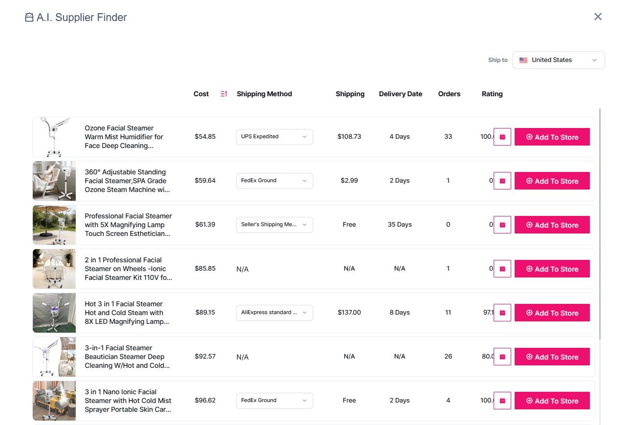 Sell The Trend AI Supplier Finder showing US facial steamer results with prices, shipping methods, costs, delivery times, orders, and ratings