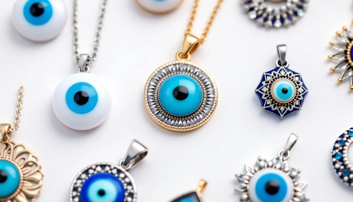 The image showcases a variety of beautifully crafted evil eye necklaces, featuring different styles of eye pendants in multiple variants and lengths. Each piece is elegantly designed for protection against negativity, making them perfect gifts for friends or loved ones.