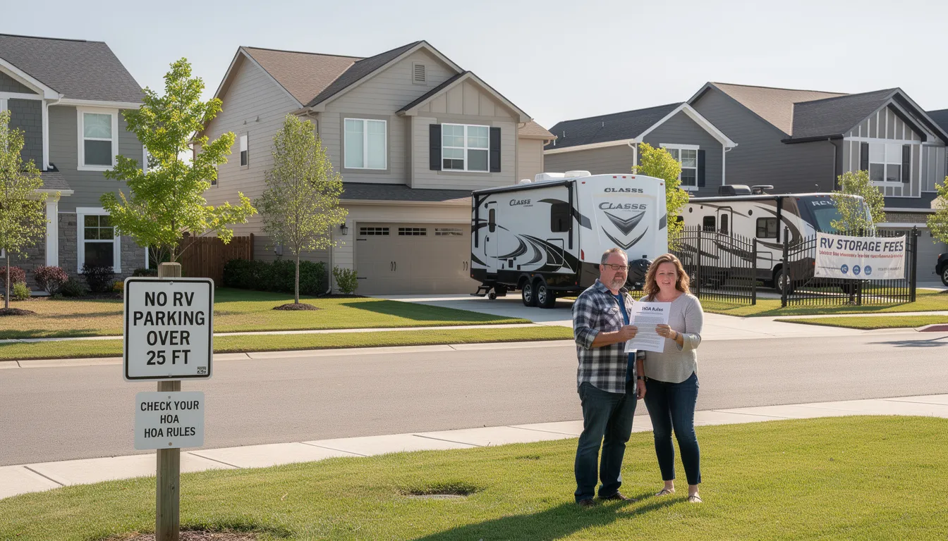 The image depicts a suburban street with several houses, highlighting a large Class A motorhome parked in a driveway, which may be restricted by HOA rules. The scene emphasizes the importance of checking regulations regarding RV size and parking to avoid unexpected storage fees.