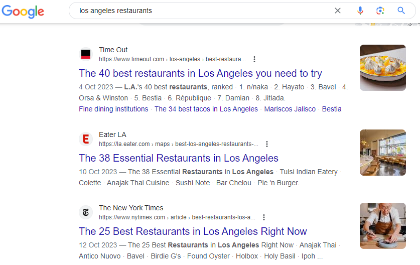 Organic Blue link results of "Los Angeles Restaurants"