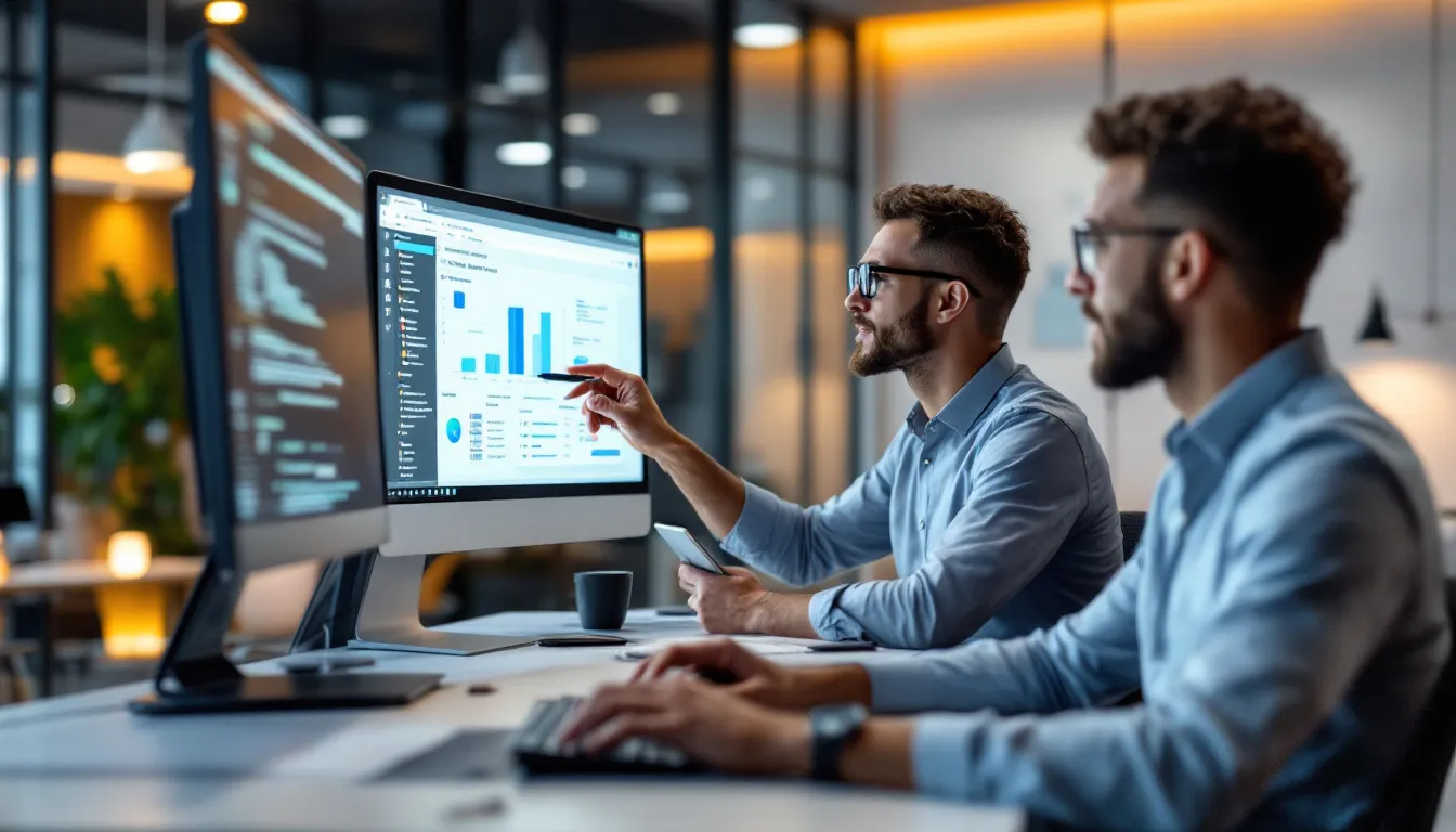 In a modern office environment, IT professionals collaborate on database management solutions, focusing on data integration and security to enhance enterprise data capabilities. They discuss strategies for managing unstructured data and improving performance while ensuring high availability and disaster recovery plans.