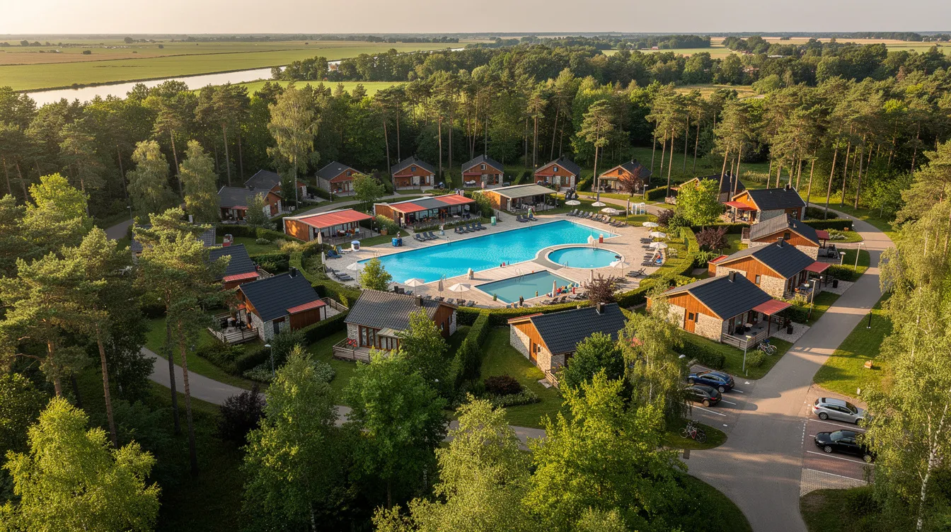Een luchtfoto toont een groot vakantiepark met comfortabele chalets en een uitnodigend zwembad, omringd door weelderige bossen in Nederland. Dit vakantiepark, dat deel uitmaakt van de Oostappen Groep, biedt een perfecte plek voor gezinnen, zoals de familie Gillis, om te ontspannen en te genieten van de natuur.