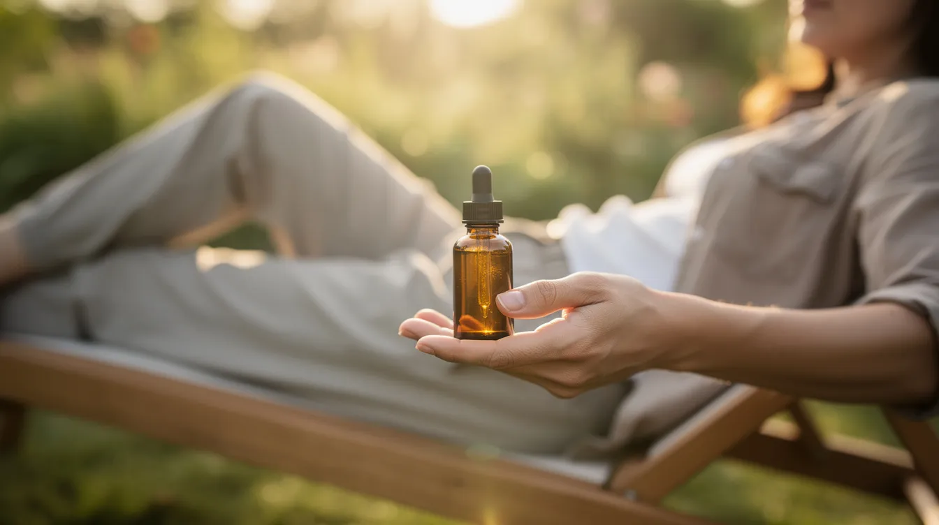 A person is relaxing outdoors while holding a small glass dropper bottle, possibly containing hemp-derived THCA products. This scene reflects the growing interest in legal cannabis and hemp products, particularly in states like Minnesota where THCA is legal.