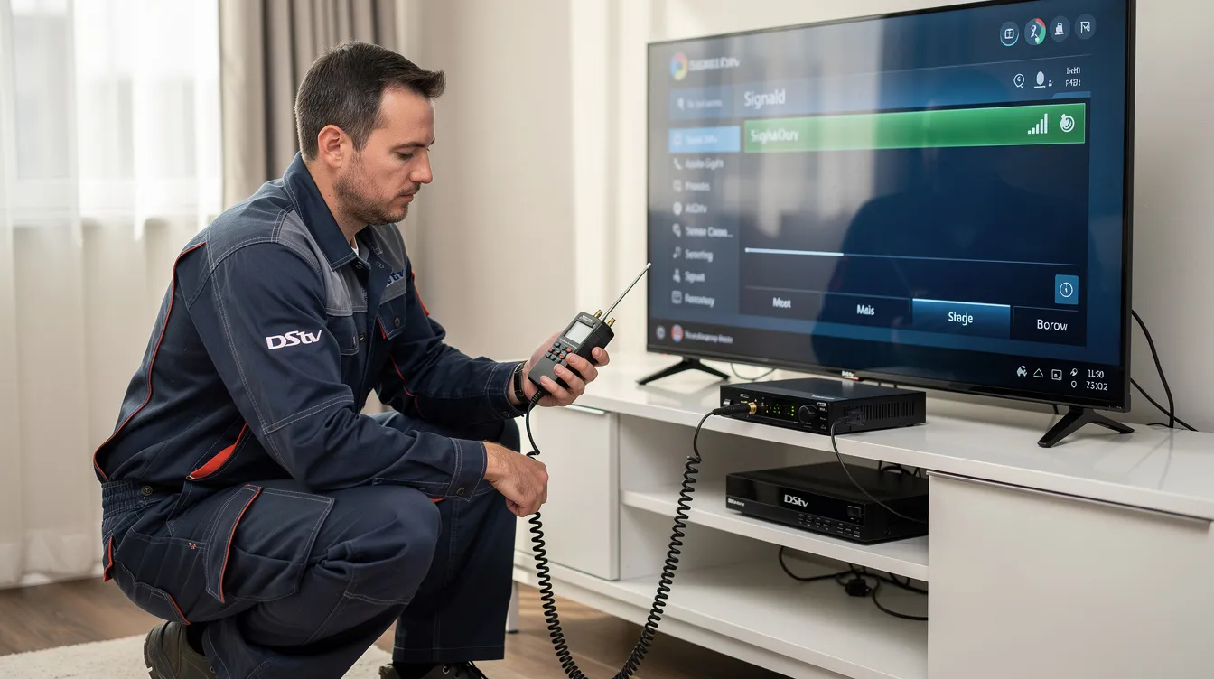 A satellite technician is testing the signal quality on a DStv decoder, using specialized equipment to ensure optimal performance. The technician is focused on addressing any potential DStv signal problems, ensuring that the installation meets professional standards for reliable television service.