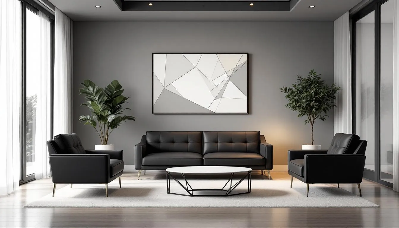 A stylish living room featuring faux leather furniture that adds a sophisticated style.