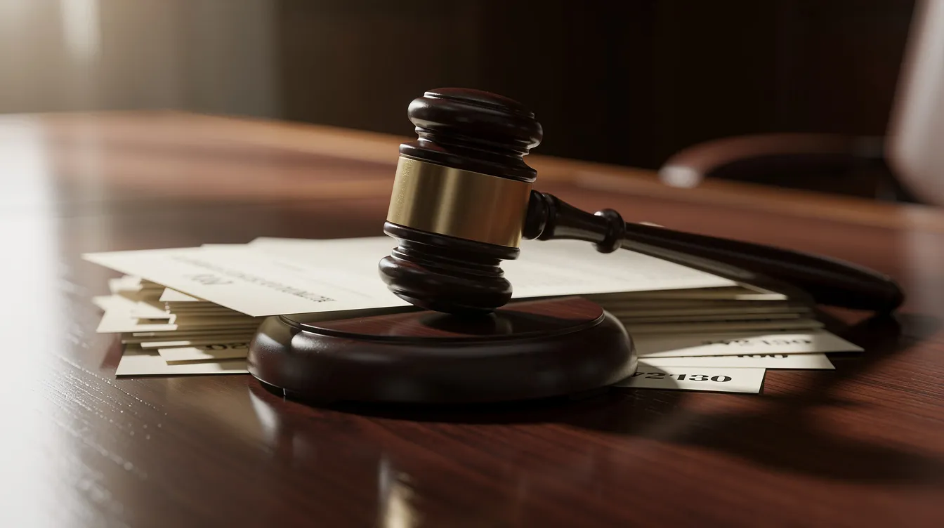 The image features an auction gavel resting on a wooden desk, with various papers underneath, possibly related to legal proceedings such as bankruptcy filings or foreclosure sales. This scene evokes the seriousness of the bankruptcy process and the importance of understanding federal law and state laws like Wyoming foreclosure laws.