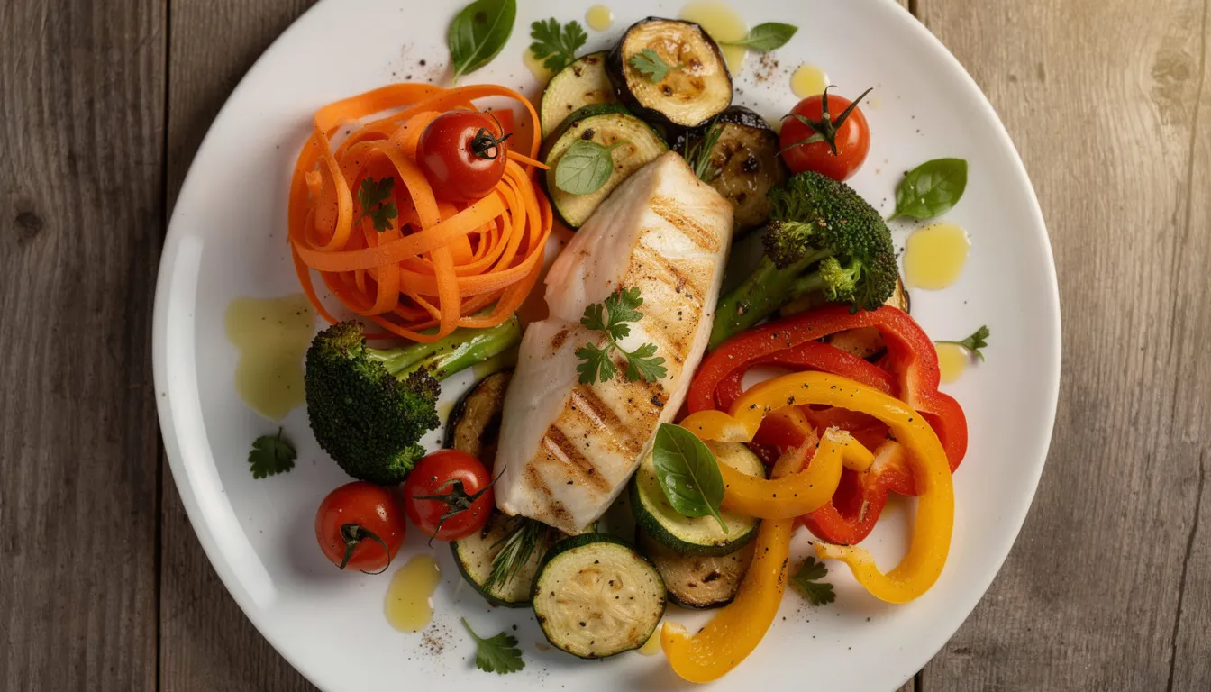 Une assiette colorée est présentée, remplie de légumes frais, de poisson grillé et arrosée d'huile d'olive. Ce plat équilibré évoque une alimentation saine, essentielle pour la prise en charge des femmes atteintes du syndrome des ovaires polykystiques (SOPK) et pour favoriser la fertilité.